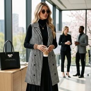 B&w Blazer Vest Long Sleeveless Jacket Women XL